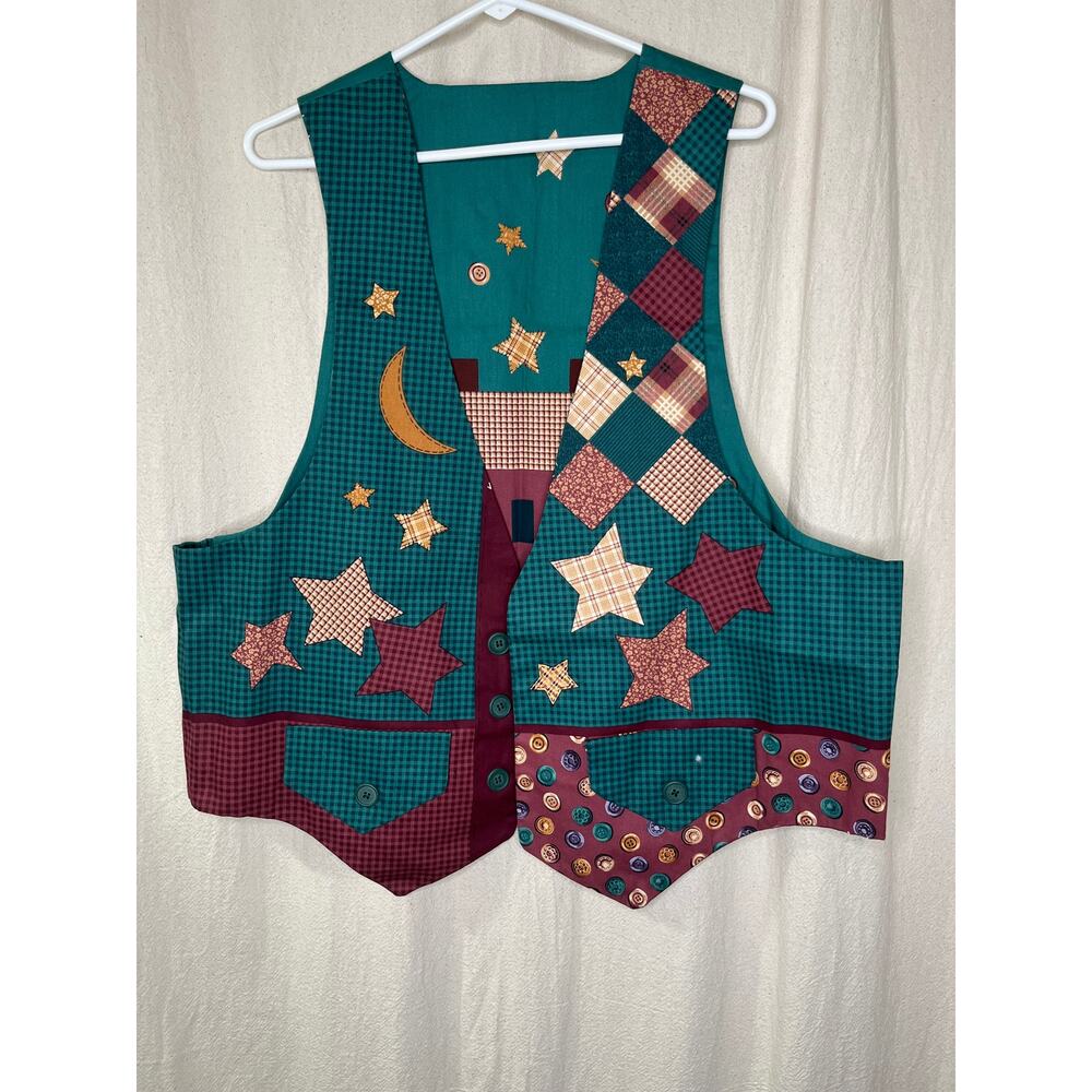 1990s Handmade Homestead Country Chic Star Buttons Plaid Patchwork Artsy Vest XL